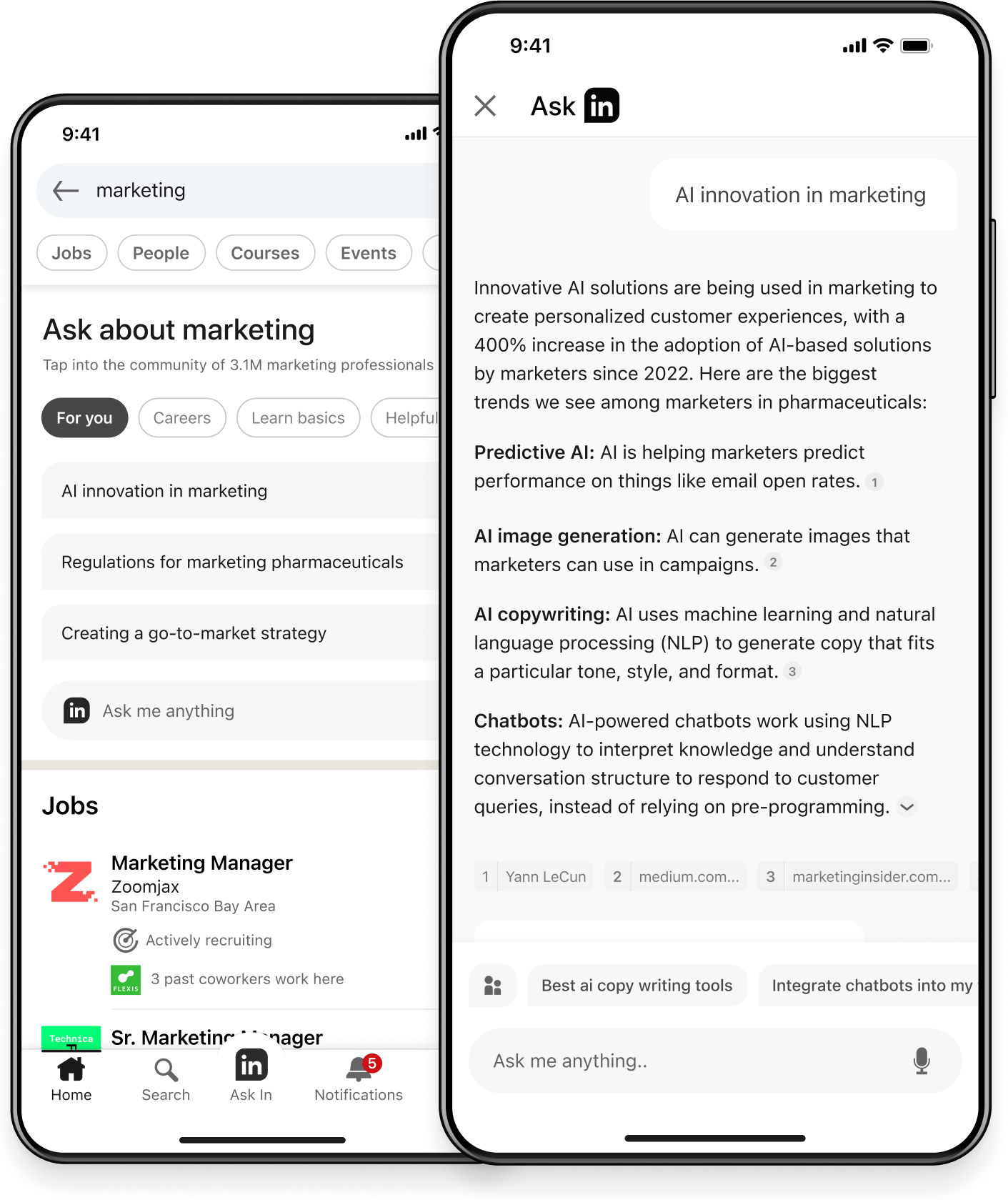 Active Knowledge Seeking — LinkedIn mobile screens showing Ask and search results
