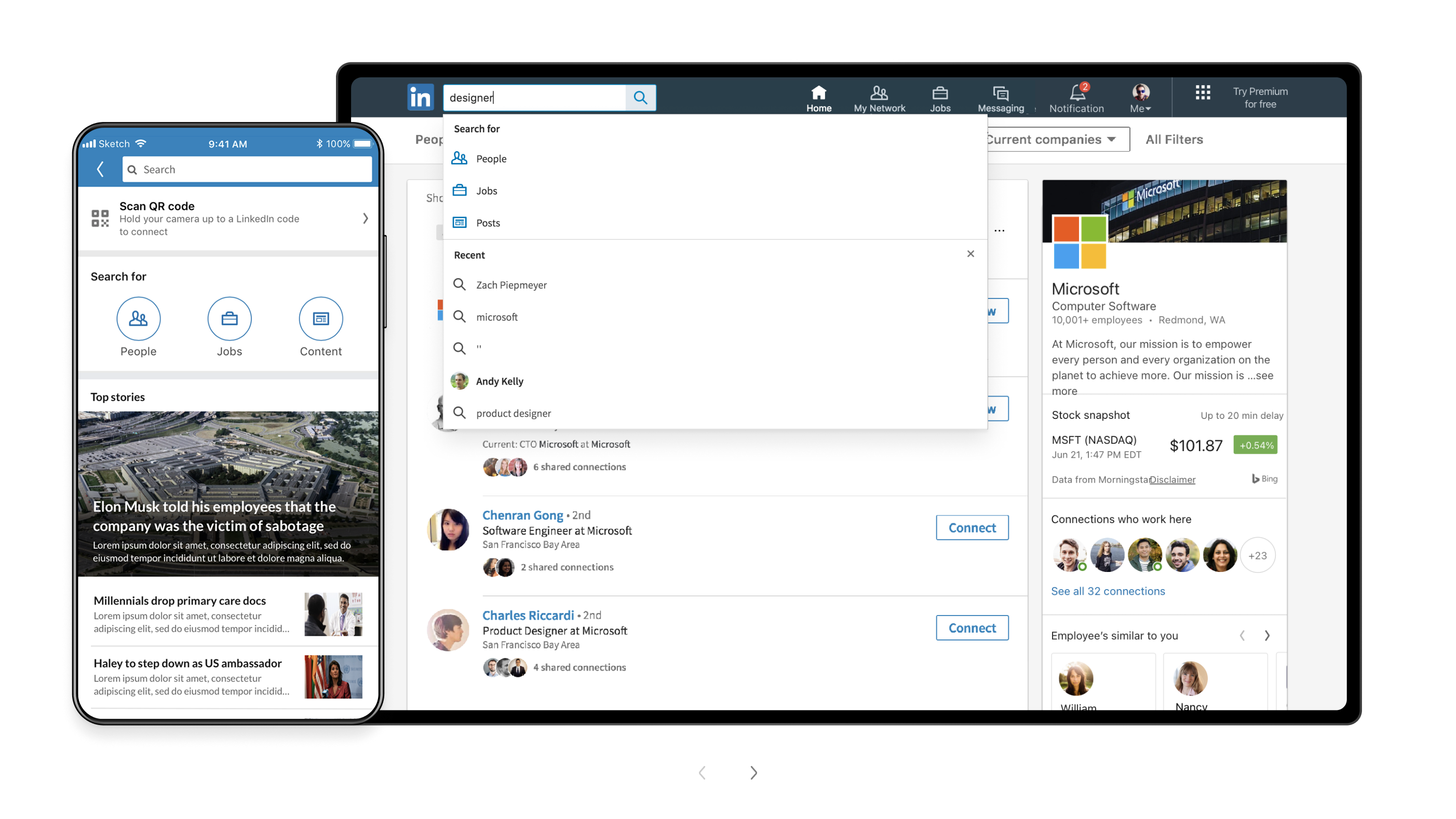 LinkedIn search before the redesign — desktop and mobile