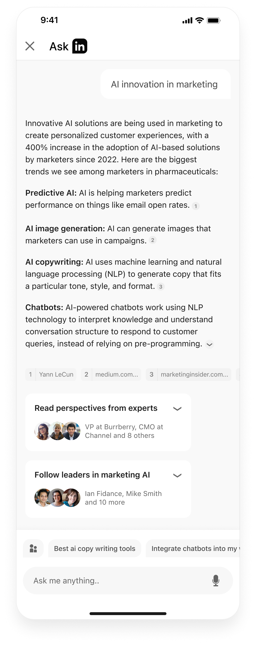 LinkedIn Ask chat interface anatomy
