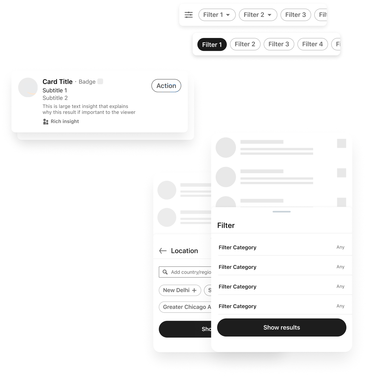 Reusable search components — entity cards and filters